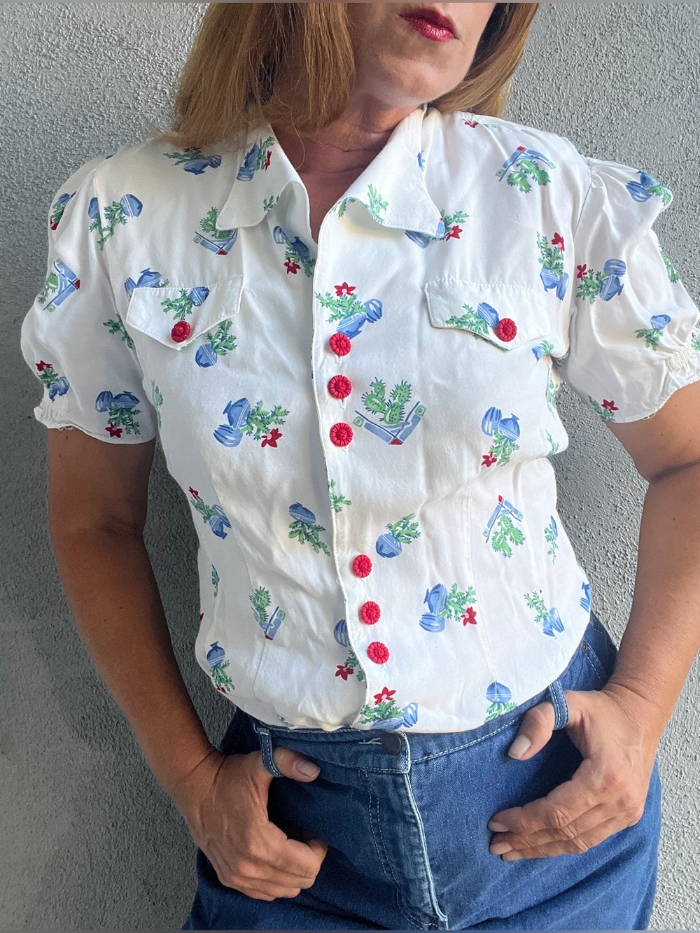 Vintage 90s Desert West by Sherry Holt Southwestern Cactus Pot Top Blouse M USA